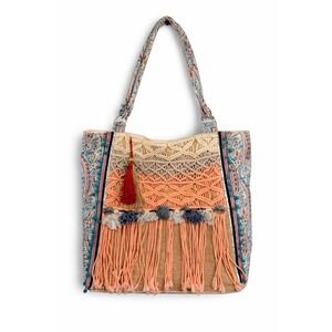 Amiani Boho Macrame Fringe Tote Bag Canvas Lined Tassel Beach